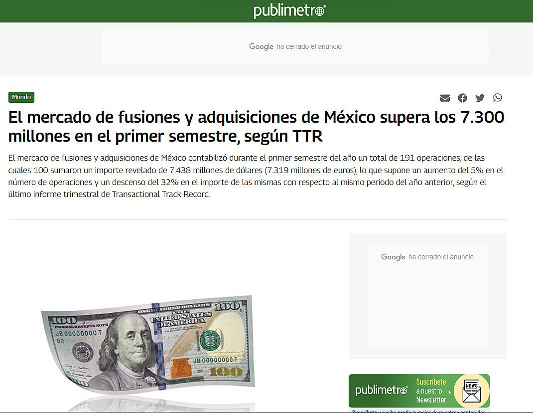 El mercado de fusiones y adquisiciones de Mxico supera los 7.300 millones en el primer semestre, segn TTR